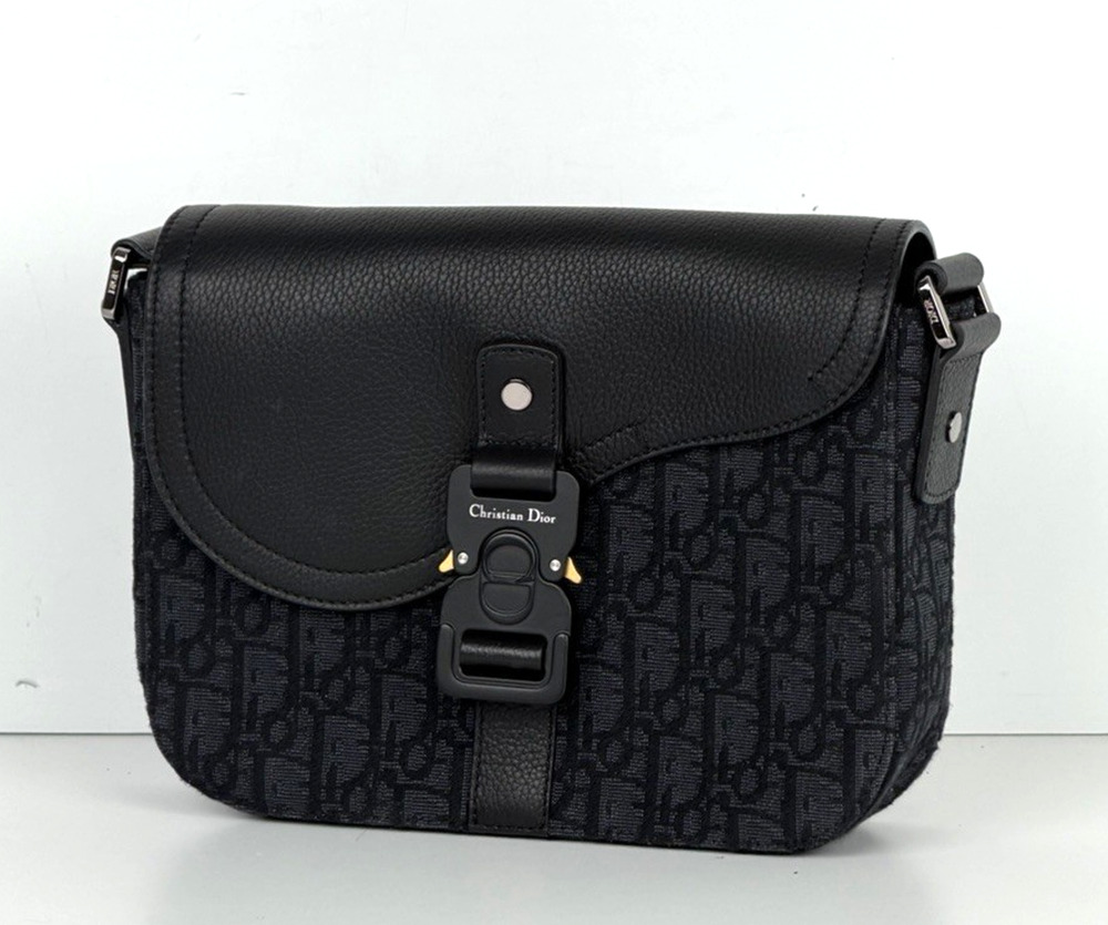 Christian Dior Saddle Messenger Small Bag in Black Jacquard with Leather Trim D9